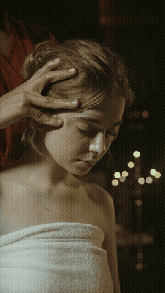 A professional gently massages a woman’s scalp